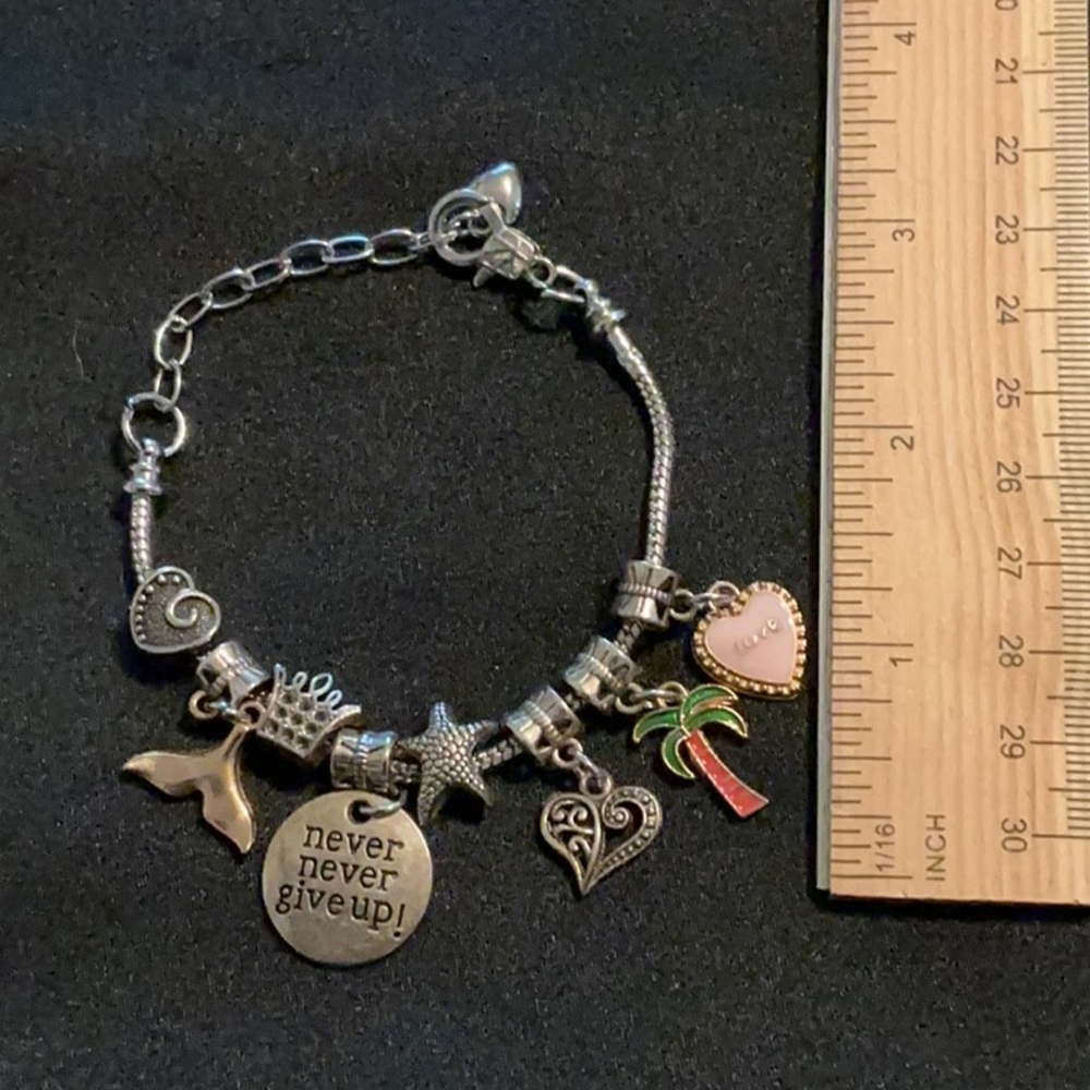 Silver-Tone Charm Bracelet with Pink Heart, Palm Tree and more. 8 Charms - Picture 2 of 4